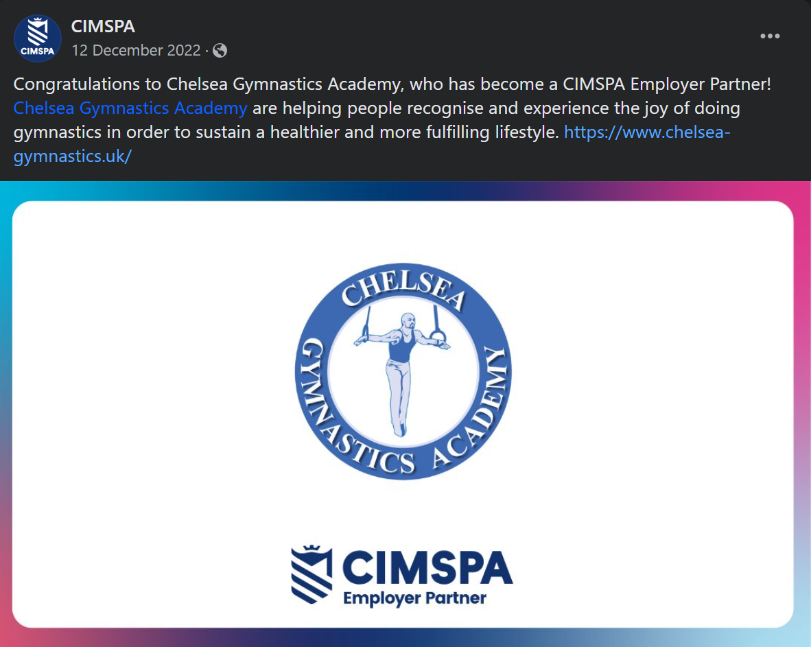 Chelsea Gymnastics is CIMSPA Employer Partner